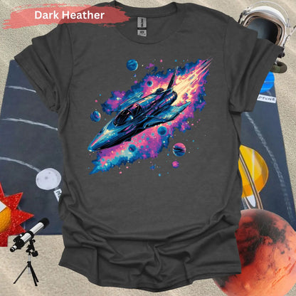 Vibrant Rocket Ship with Cosmic Planets Shirt - S / Dark Heather - Physical Item