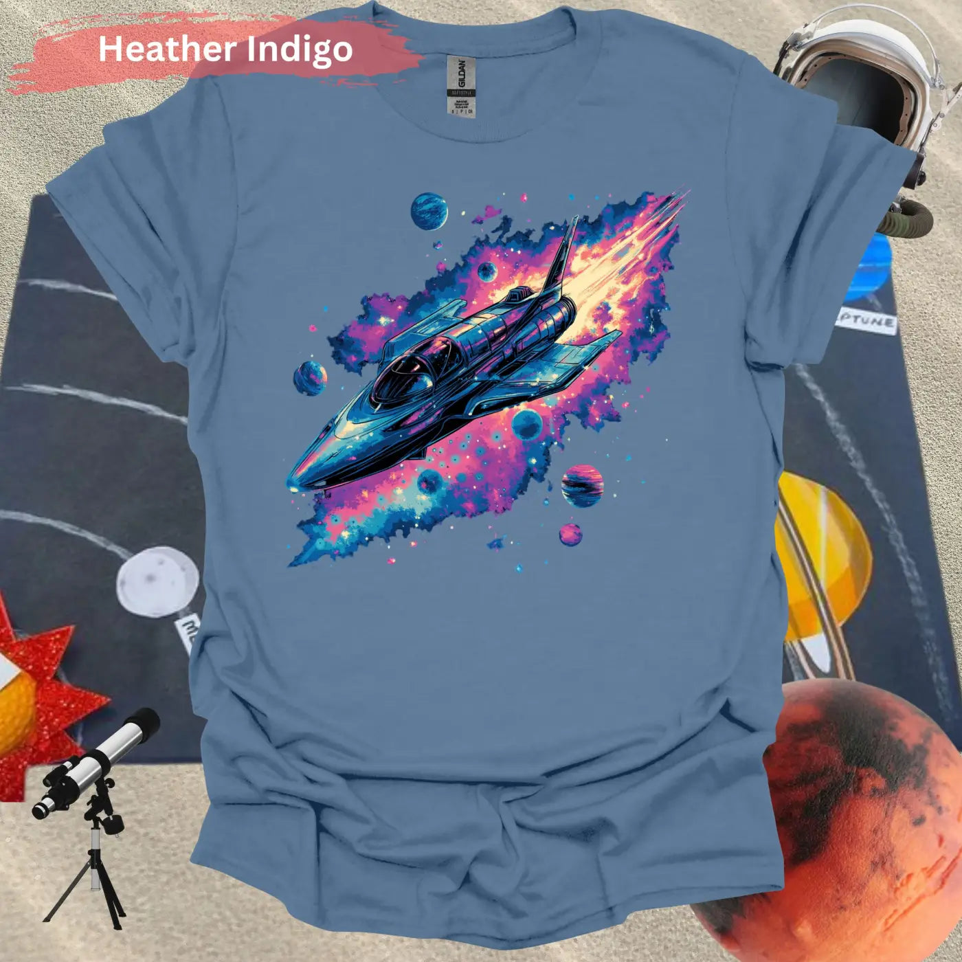 Vibrant Rocket Ship with Cosmic Planets Shirt - S / Heather Indigo - Physical Item