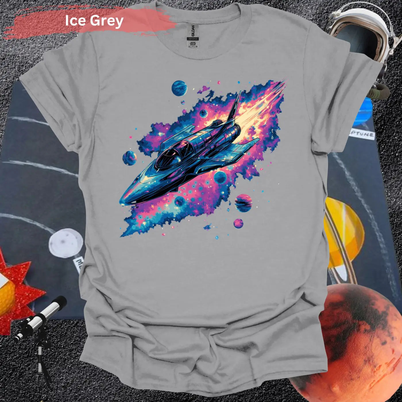 Vibrant Rocket Ship with Cosmic Planets Shirt - S / Ice Grey - Physical Item