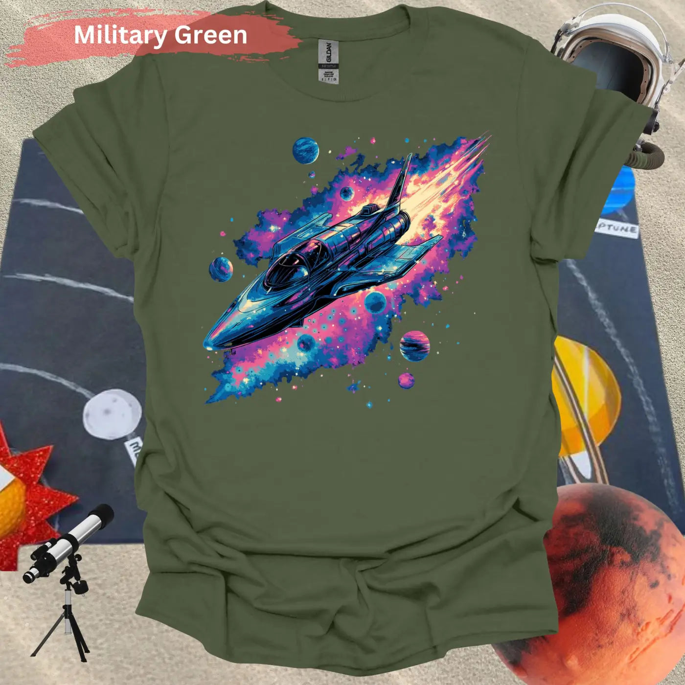 Vibrant Rocket Ship with Cosmic Planets Shirt - S / Military Green - Physical Item