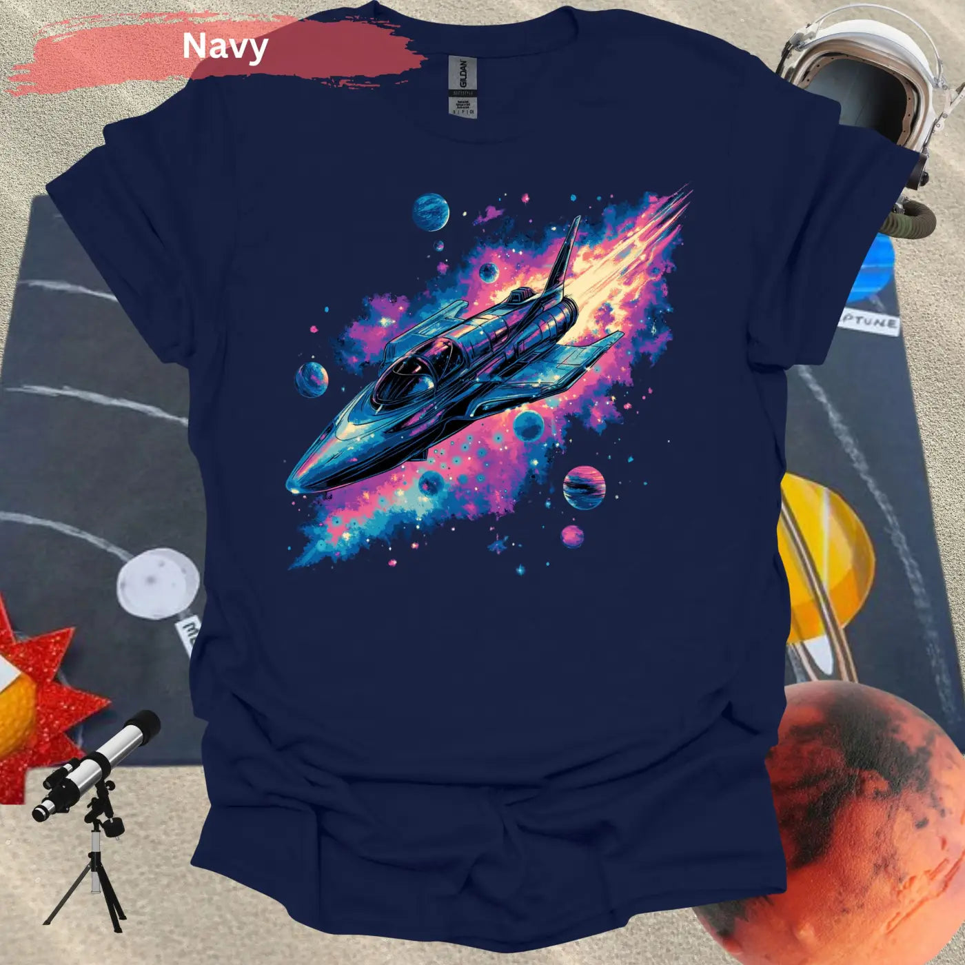 Vibrant Rocket Ship with Cosmic Planets Shirt - S / Navy - Physical Item