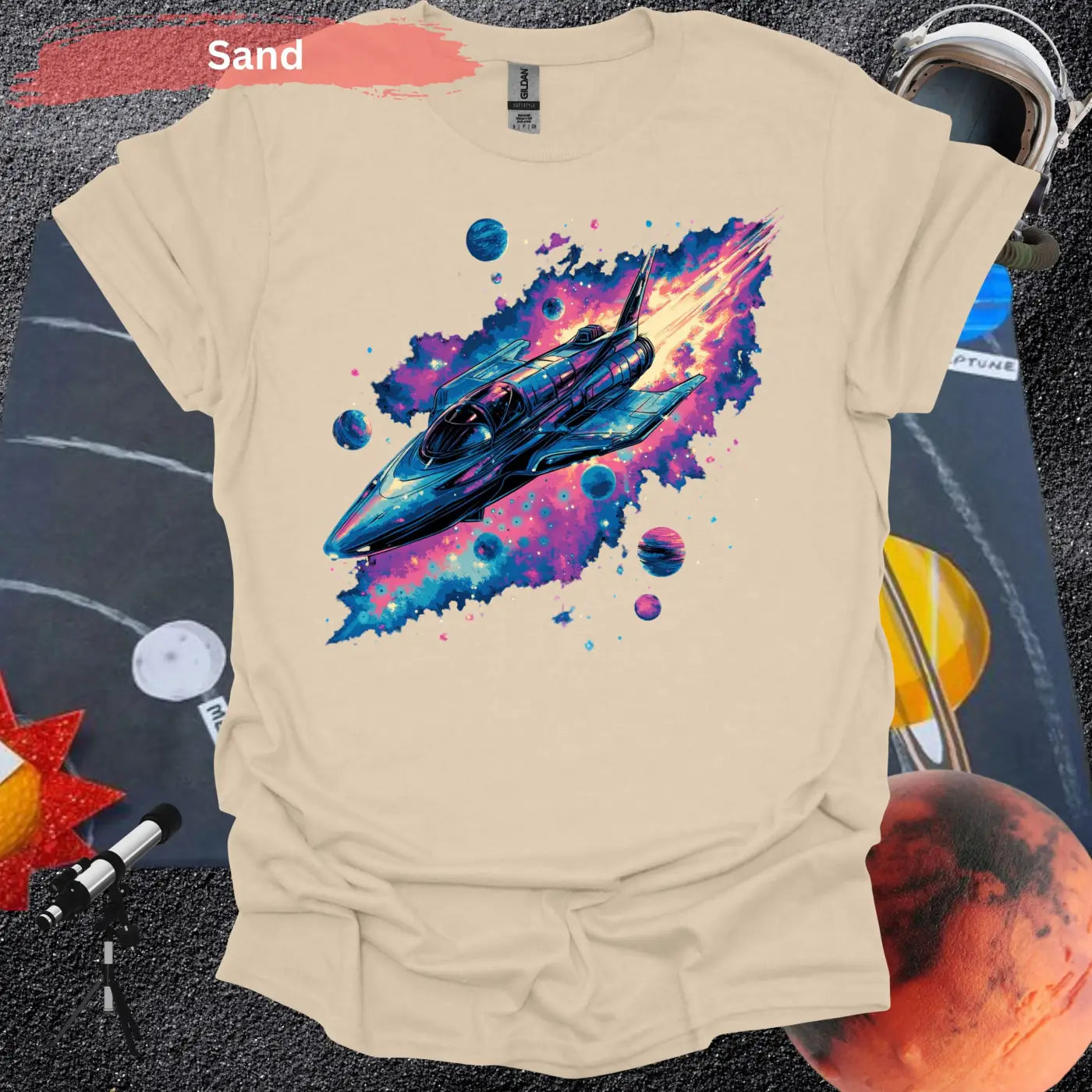 Vibrant Rocket Ship with Cosmic Planets Shirt - S / Sand - Physical Item