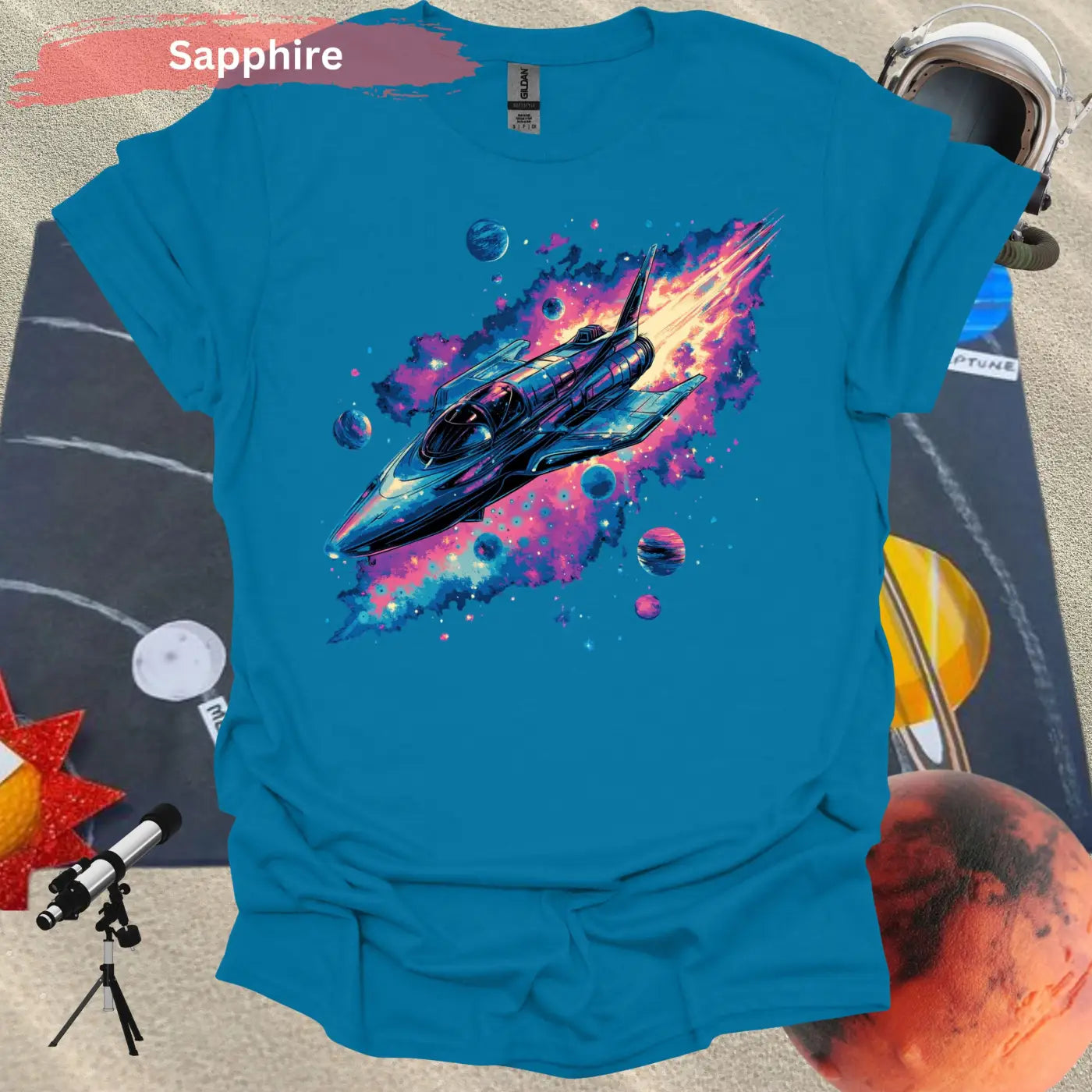 Vibrant Rocket Ship with Cosmic Planets Shirt - S / Sapphire - Physical Item