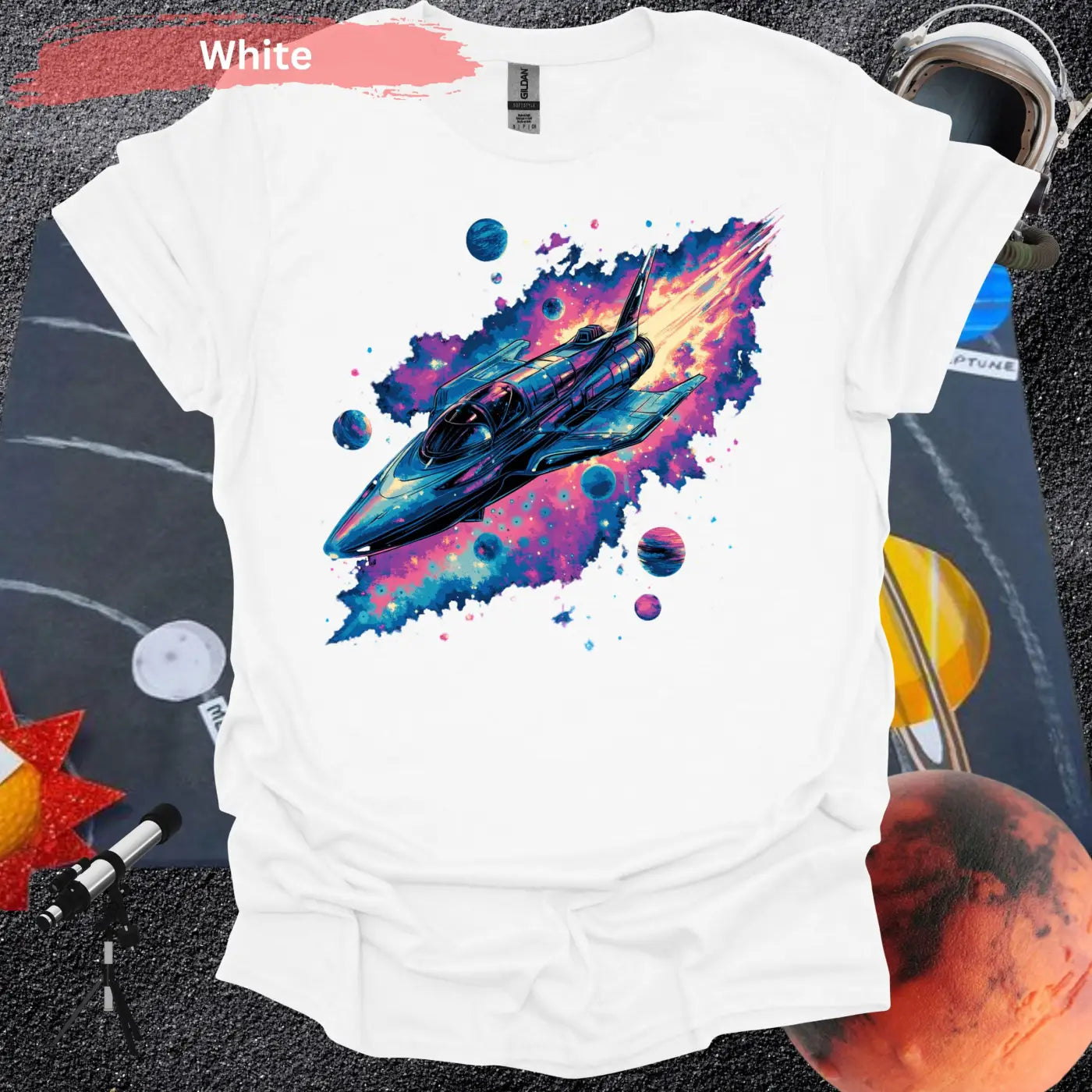 Vibrant Rocket Ship with Cosmic Planets Shirt - S / White - Physical Item