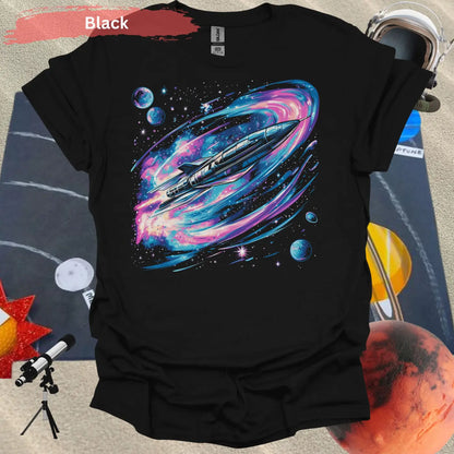 Vibrant Space Rocket and Planets T-shirt - S / Black - Physical Item