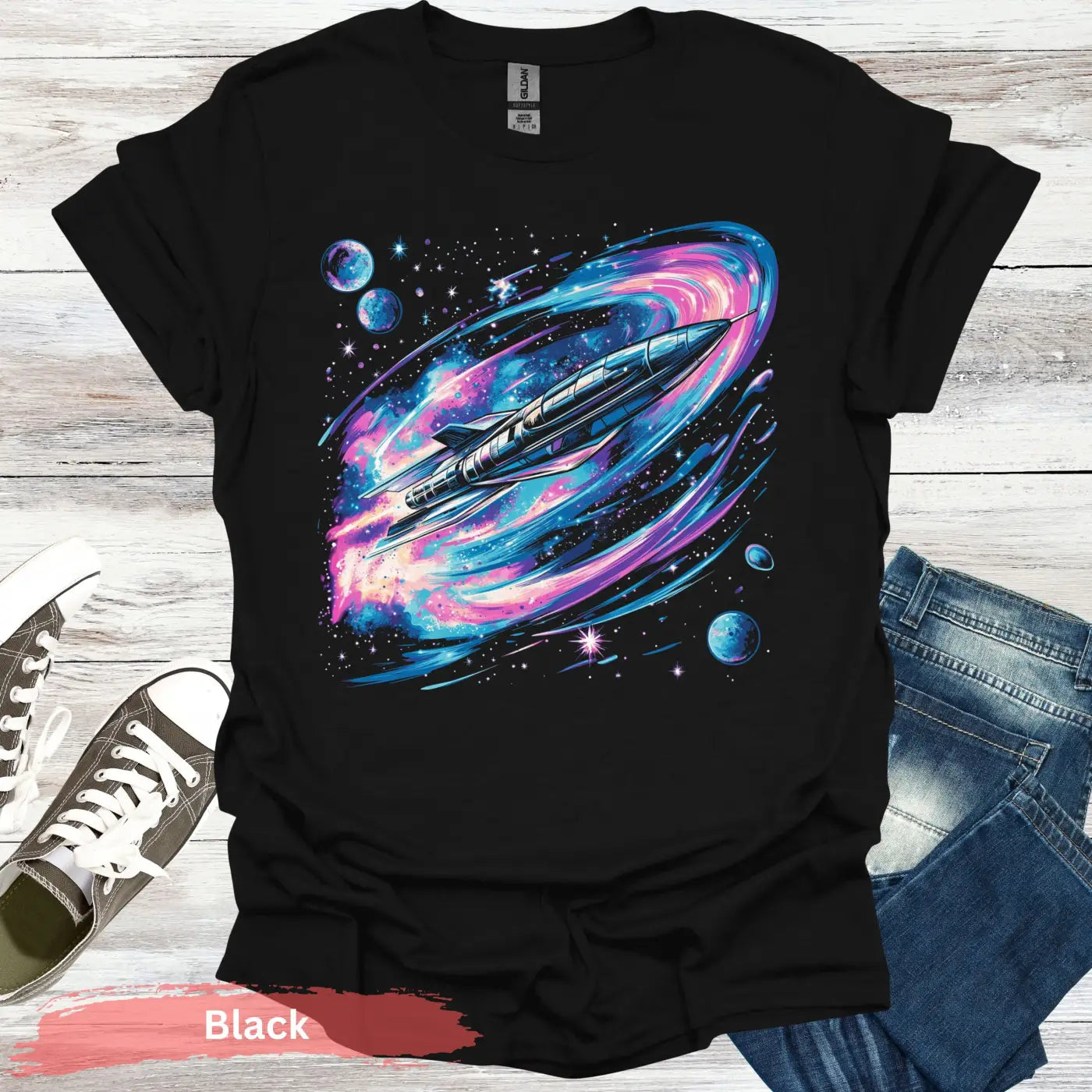 Vibrant Space Rocket and Planets T-shirt - S / Black - Physical Item