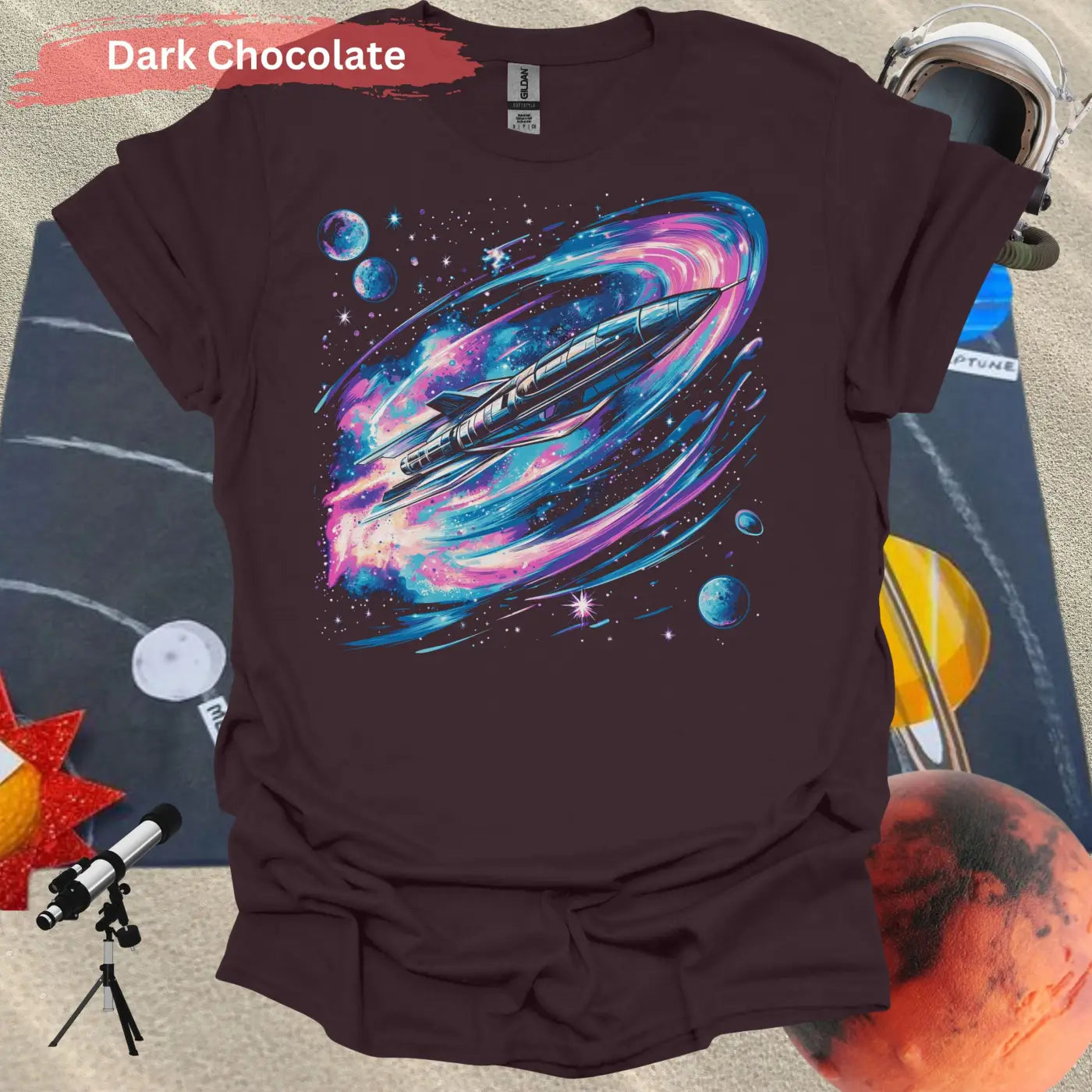 Vibrant Space Rocket and Planets T-shirt - S / Dark Chocolate - Physical Item