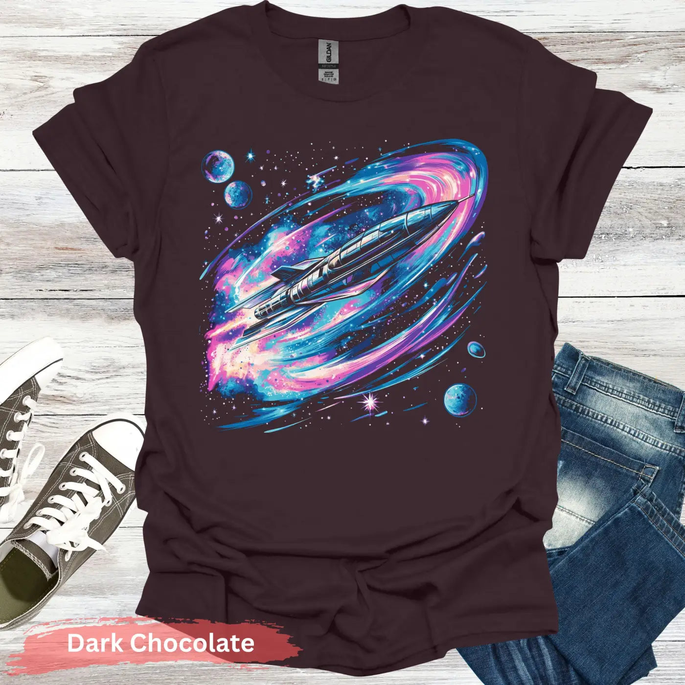 Vibrant Space Rocket and Planets T-shirt - S / Dark Chocolate - Physical Item