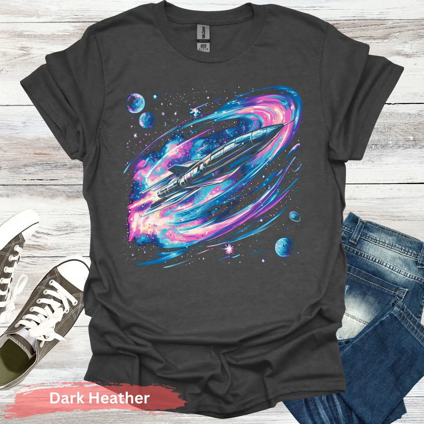 Vibrant Space Rocket and Planets T-shirt - S / Dark Heather - Physical Item