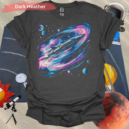 Vibrant Space Rocket and Planets T-shirt - S / Dark Heather - Physical Item