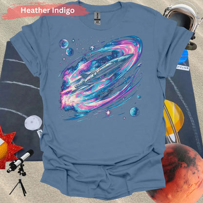 Vibrant Space Rocket and Planets T-shirt - S / Heather Indigo - Physical Item