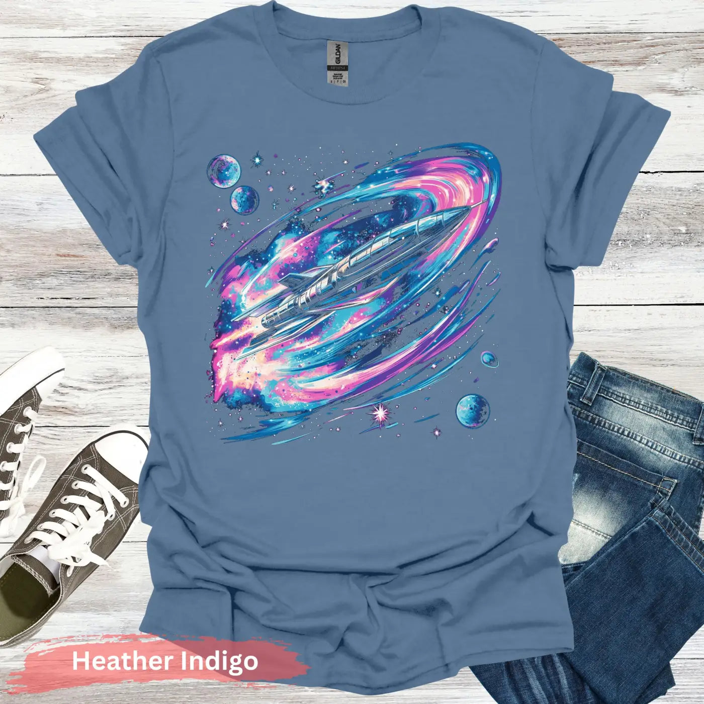 Vibrant Space Rocket and Planets T-shirt - S / Heather Indigo - Physical Item