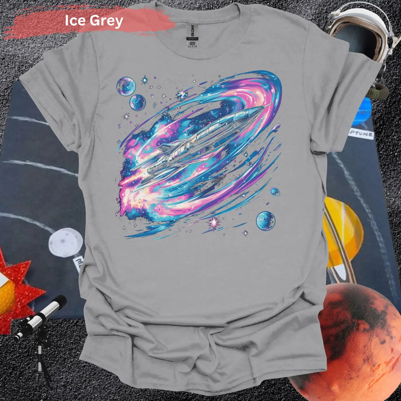 Vibrant Space Rocket and Planets T-shirt - S / Ice Grey - Physical Item