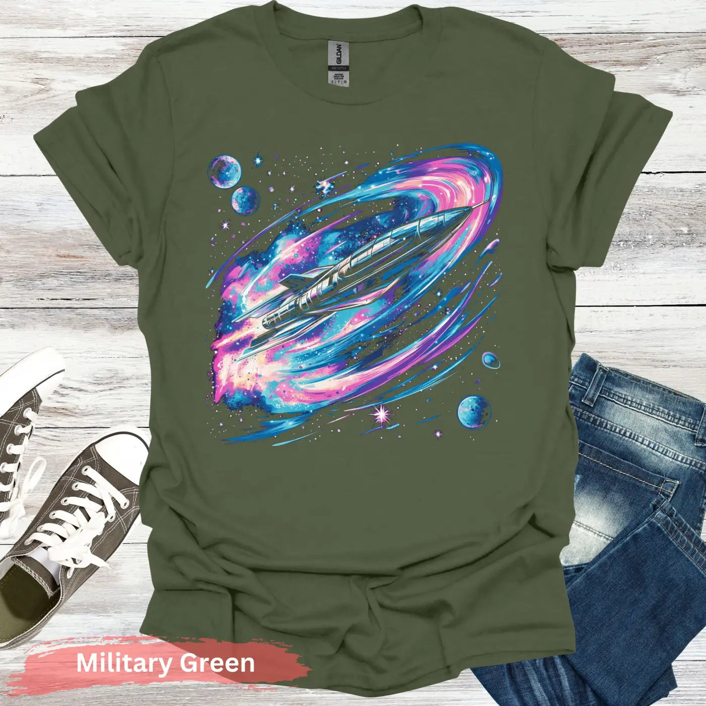 Vibrant Space Rocket and Planets T-shirt - S / Military Green - Physical Item