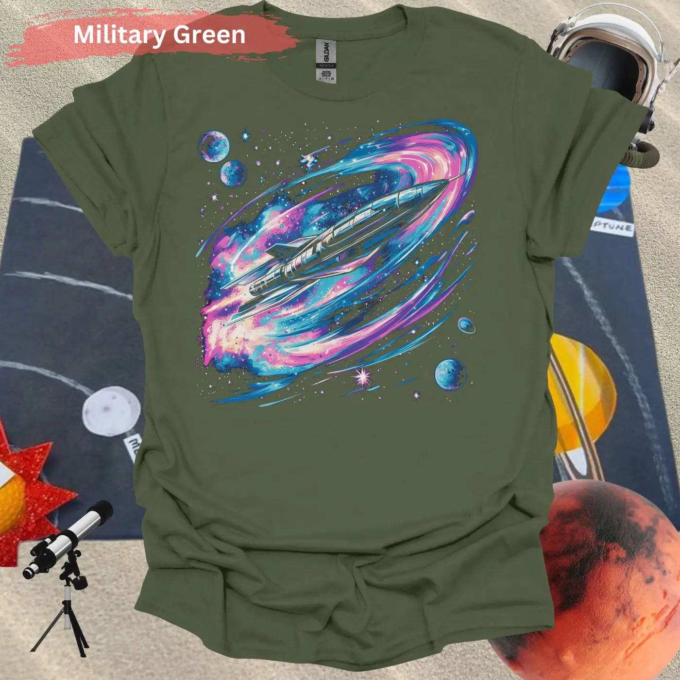 Vibrant Space Rocket and Planets T-shirt - S / Military Green - Physical Item