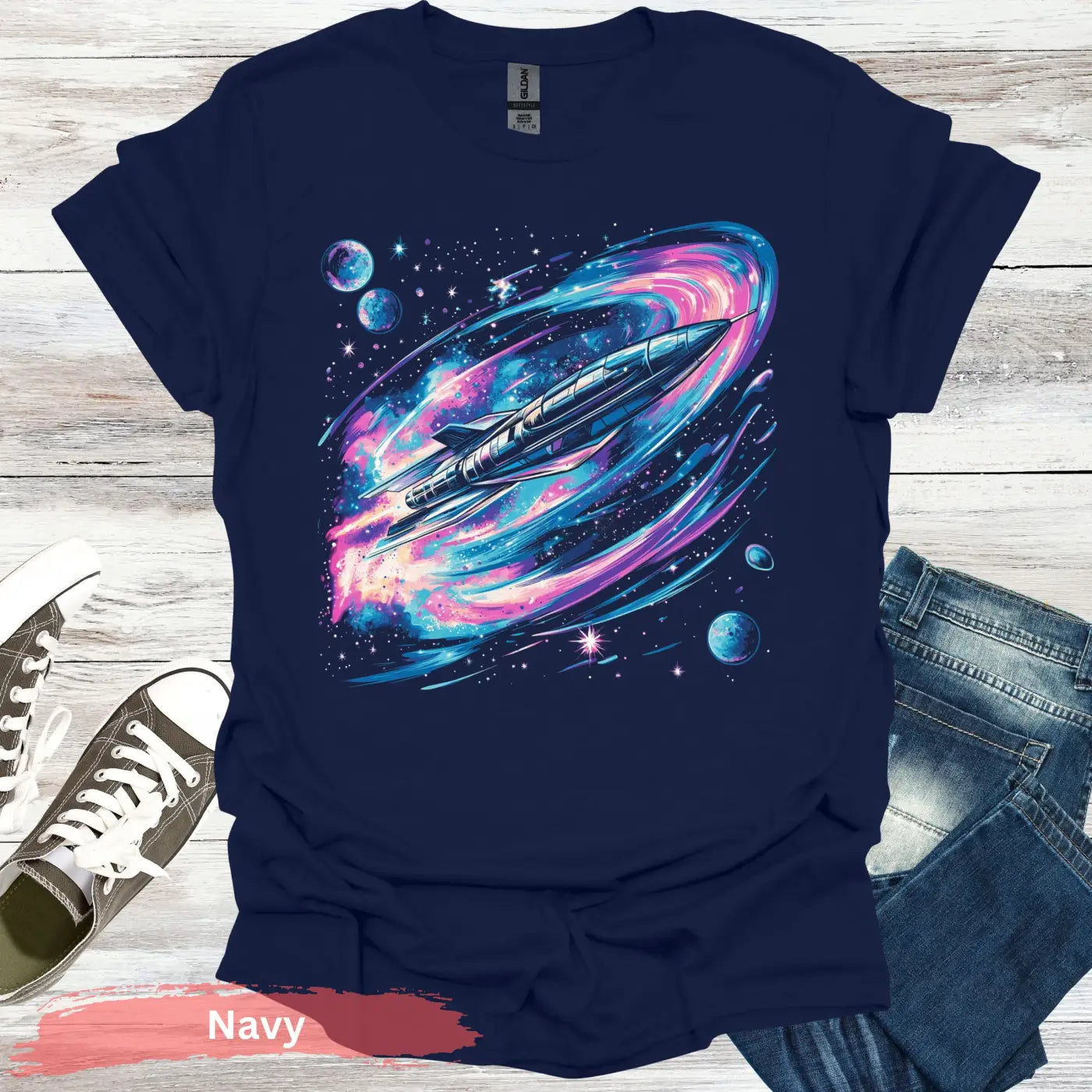 Vibrant Space Rocket and Planets T-shirt - S / Navy - Physical Item