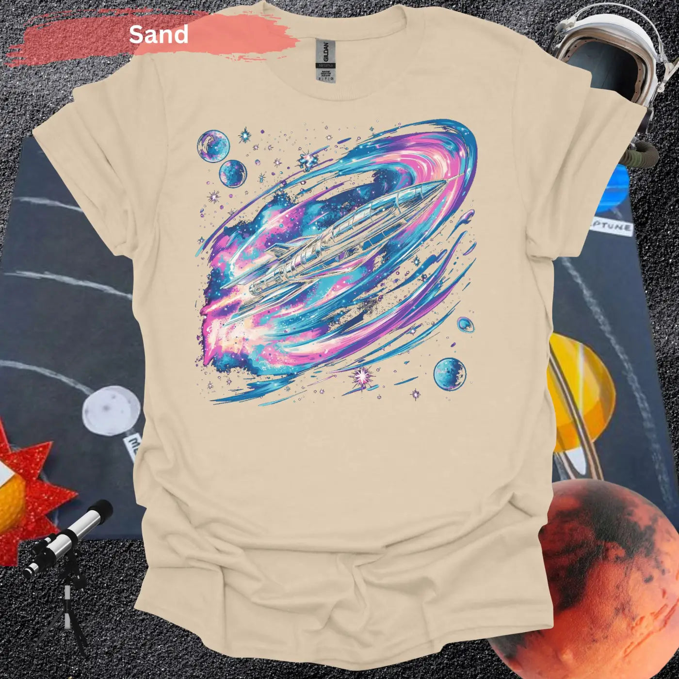 Vibrant Space Rocket and Planets T-shirt - S / Sand - Physical Item