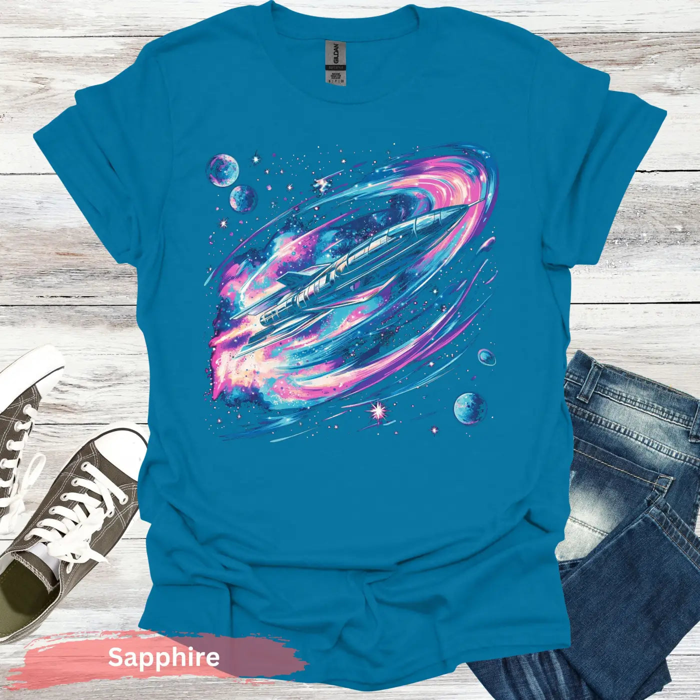 Vibrant Space Rocket and Planets T-shirt - S / Sapphire - Physical Item