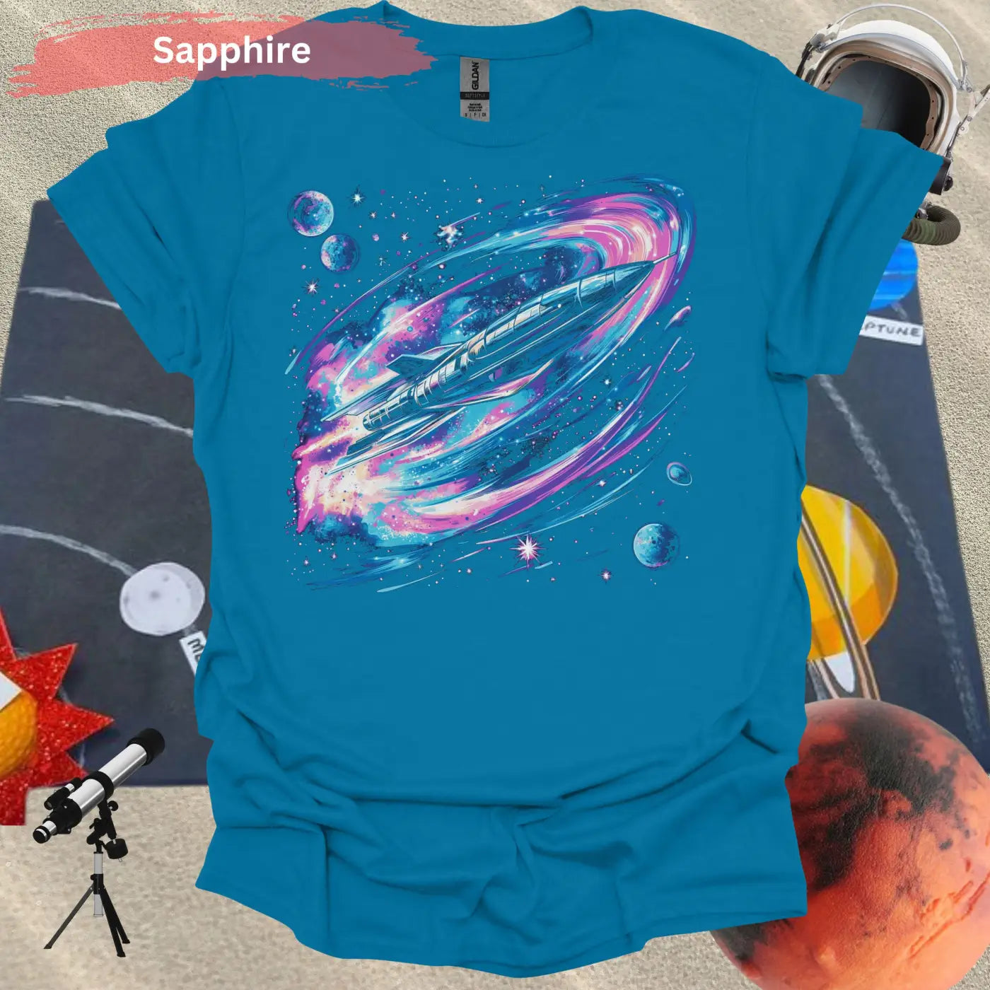 Vibrant Space Rocket and Planets T-shirt - S / Sapphire - Physical Item