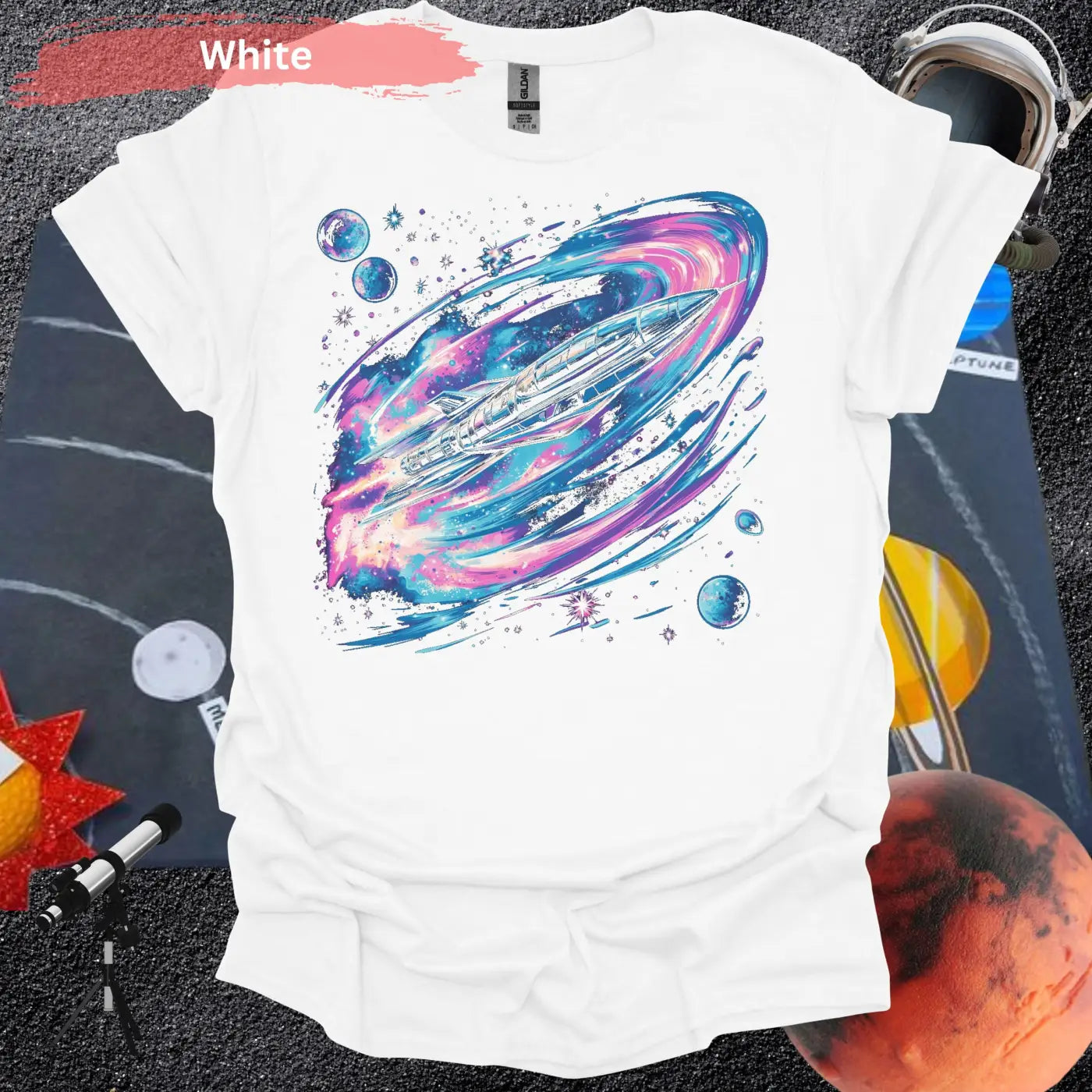 Vibrant Space Rocket and Planets T-shirt - S / White - Physical Item