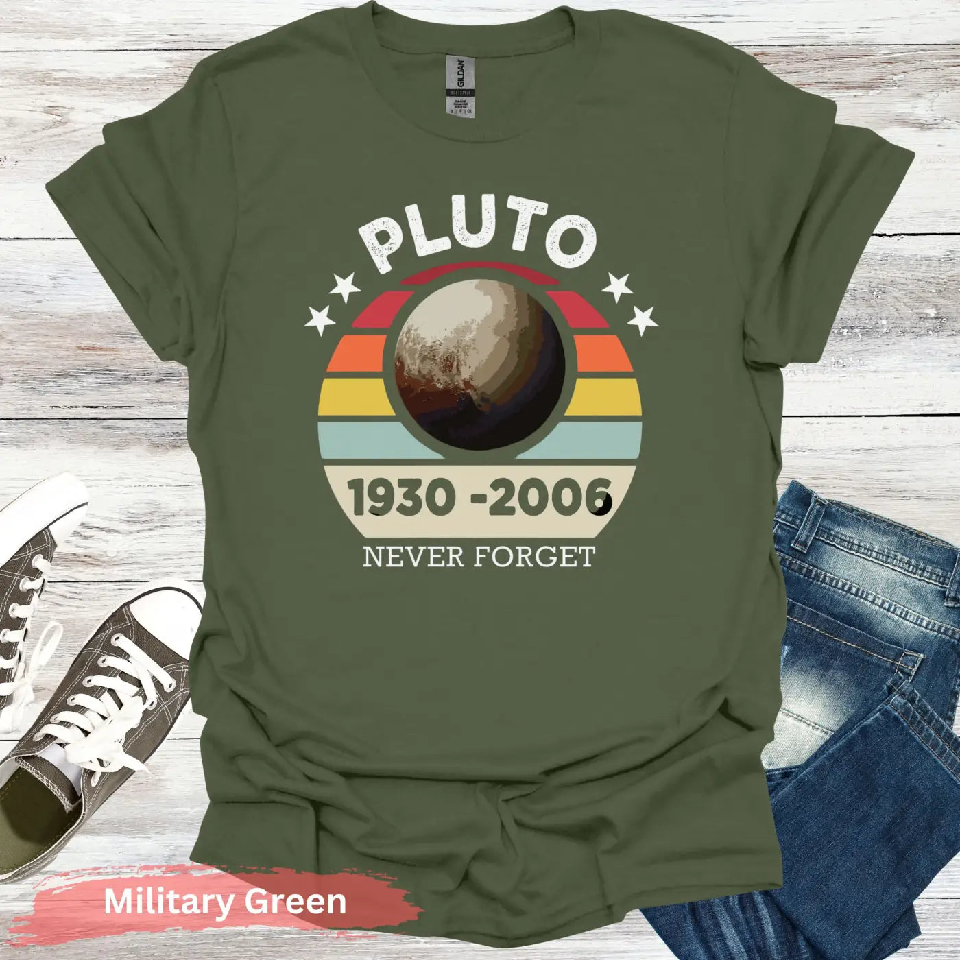 Vintage Pluto Never Forget T-Shirt - S / Military Green - Physical Item