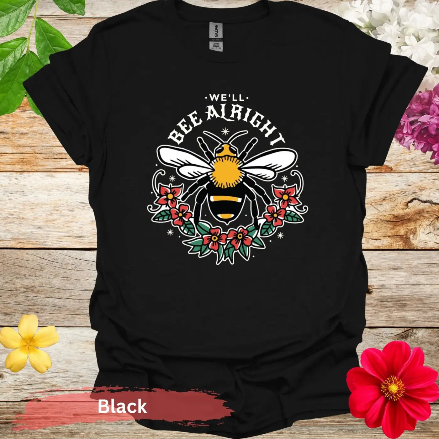 We’ll Bee Alright Floral Graphic T-shirt - S / Black - Physical Item