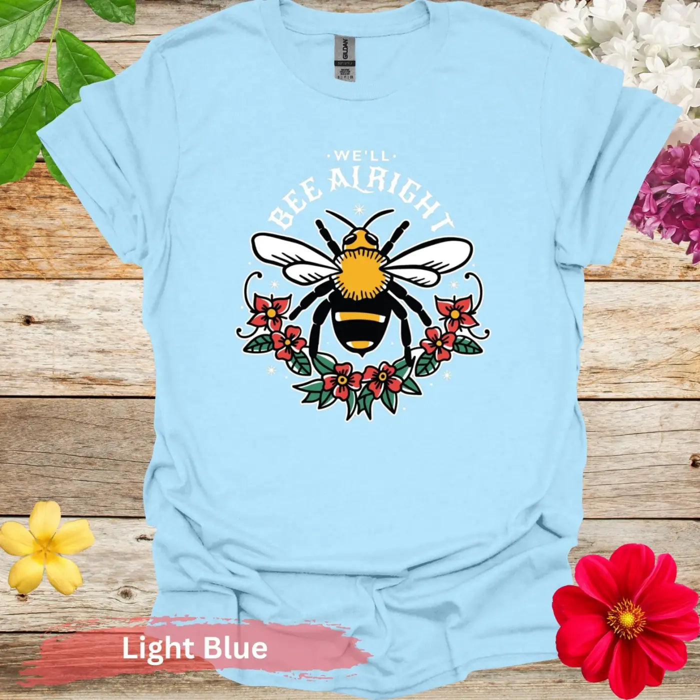 We’ll Bee Alright Floral Graphic T-shirt - S / Light Blue - Physical Item