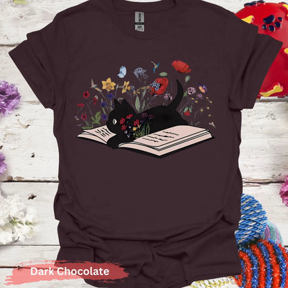 Black Cat on Open Book Floral T-shirt - Physical Item