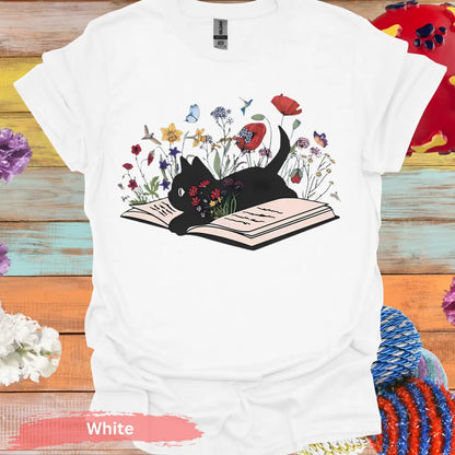 Black Cat on Open Book Floral T-shirt - S / White - Physical Item