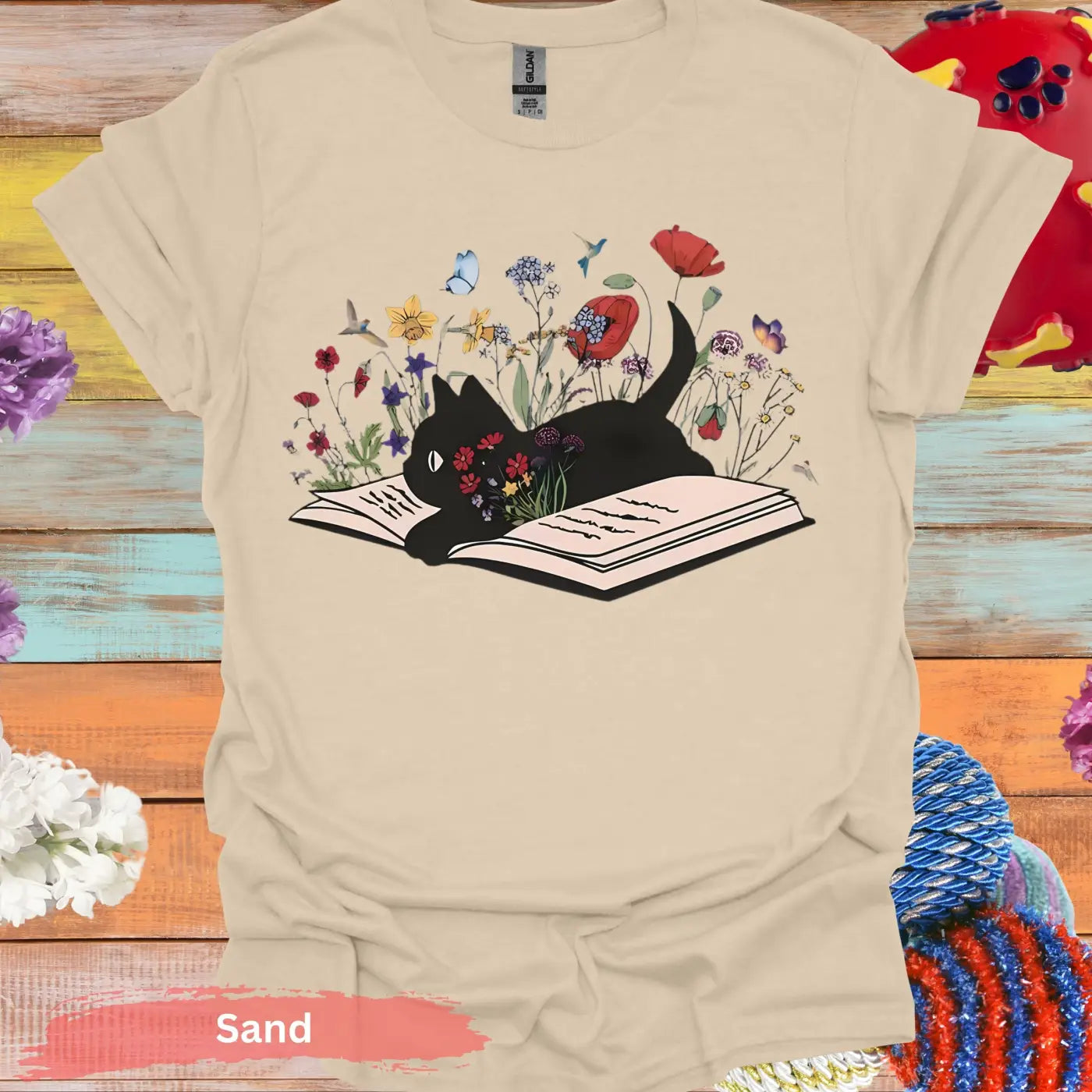 Black Cat on Open Book Floral T-shirt - S / Sand - Physical Item