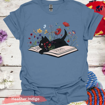 Black Cat on Open Book Floral T-shirt - S / Heather Indigo - Physical Item