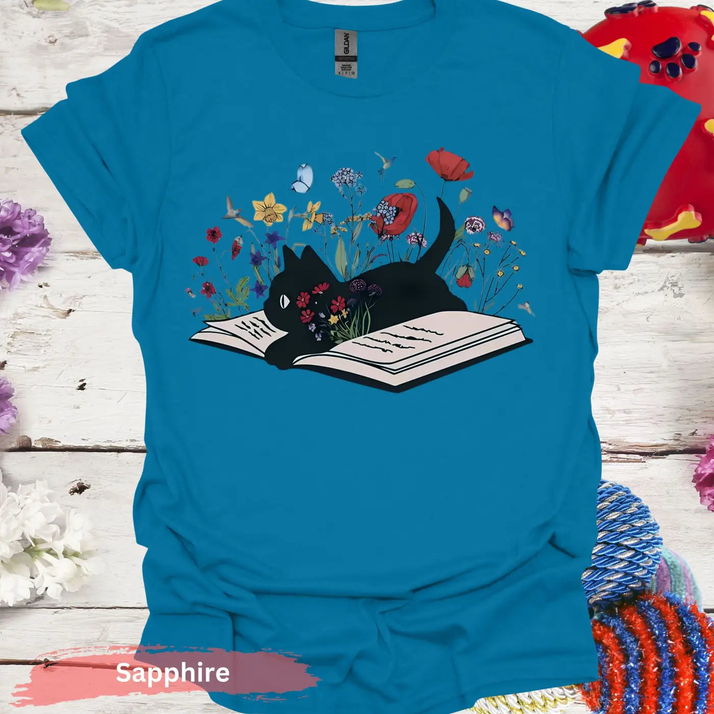 Black Cat on Open Book Floral T-shirt - S / Sapphire - Physical Item