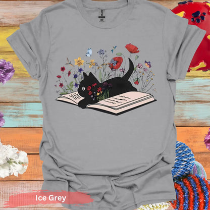 Black Cat on Open Book Floral T-shirt - S / Ice Grey - Physical Item