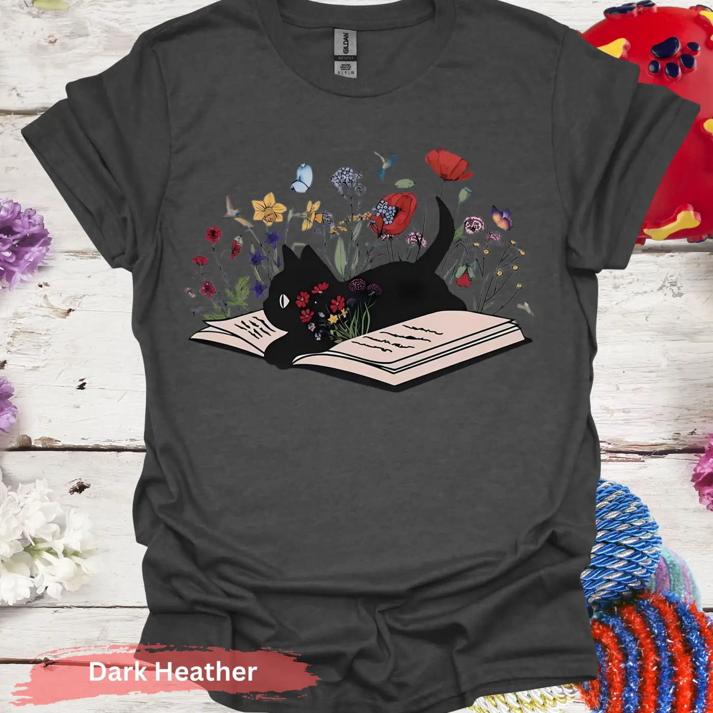 Black Cat on Open Book Floral T-shirt - S / Dark Heather - Physical Item