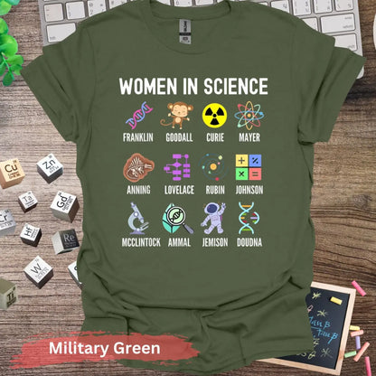 Women in Science Icons T-Shirt - S / Military Green - Physical Item