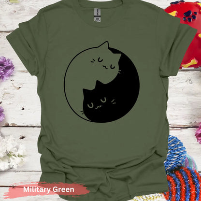 Yin Yang Cats T-shirt - S / Military Green - Physical Item