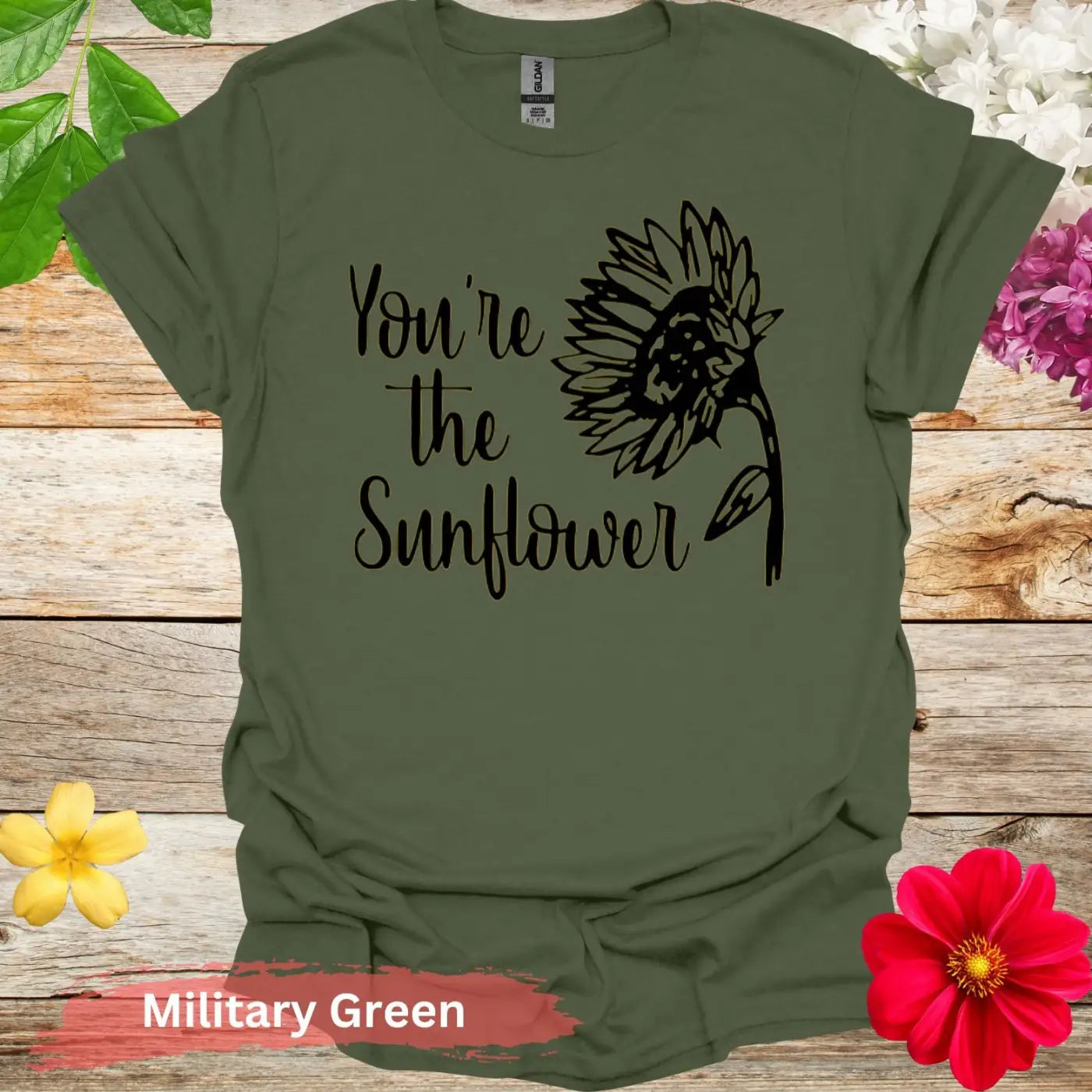 You’re the Sunflower Floral Graphic T-shirt - S / Military Green - Physical Item